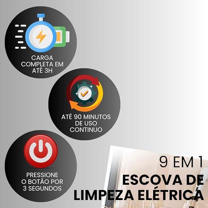 Escova de limpeza turbo elétrica sem fio, multifuncional, alça longa, acessórios de banheiro, 9 em 1. - big mimo